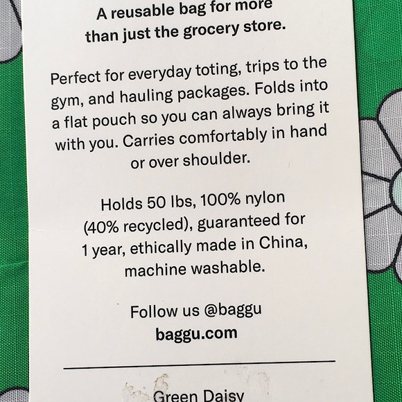 NWT BAGGU Green Daisy Reusable Shopping Bag Tote Purse Standard Size - Picture 5 of 11